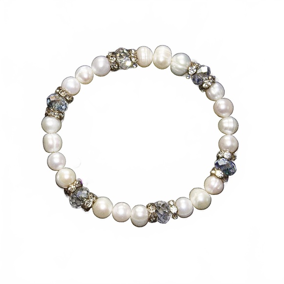 Bracelet, Stretch, Fresh Water Pearl, Crystal, Rhinestone - Picture 1 of 2